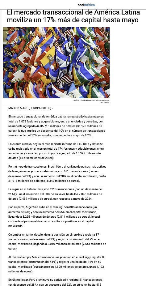 El mercado transaccional de Amrica Latina moviliza un 17% ms de capital hasta mayo